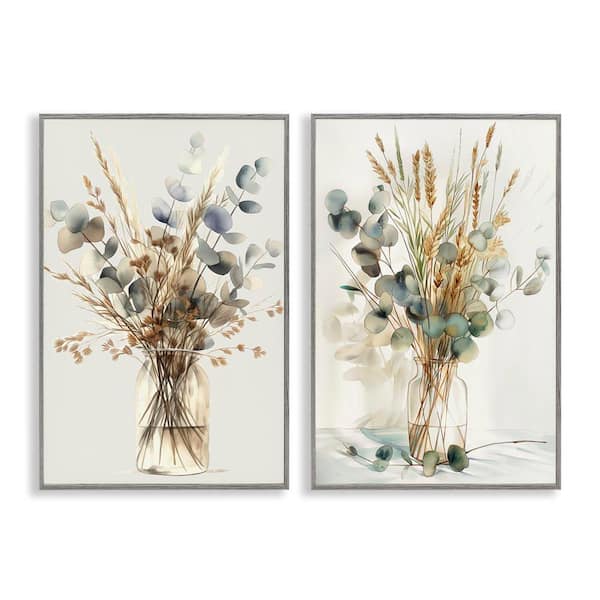 Stupell Industries Eucalyptus Jar Bouquets by Steve Hunziker 2 Pieces Gray Framed Nature Giclee Art Print 24 in. x 16 in.