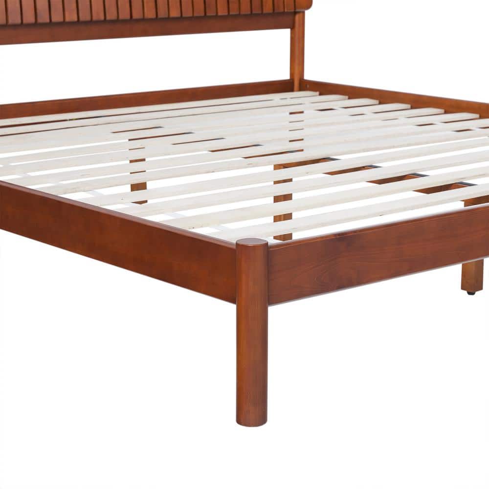 King Brown Pine Wood Upholstered Platform Bed with Slats