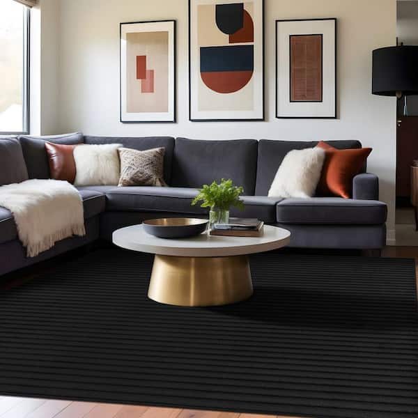 UltraPlush Touch 4 ft. x 6 ft. Black Non-Slip Rubber Back Washable Polyester Stripes Indoor Area Rug