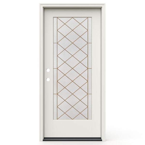 36 in. x 80 in Right-H and Full Lite Frameless Sardis Decorative Glass Primed Fiberglass Prehung Door W/ Brickmould