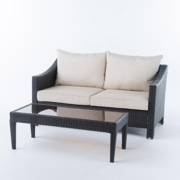 Antibes Multibrown 2-Piece Faux Rattan Outdoor Patio Conversation Set with Beige Cushions
