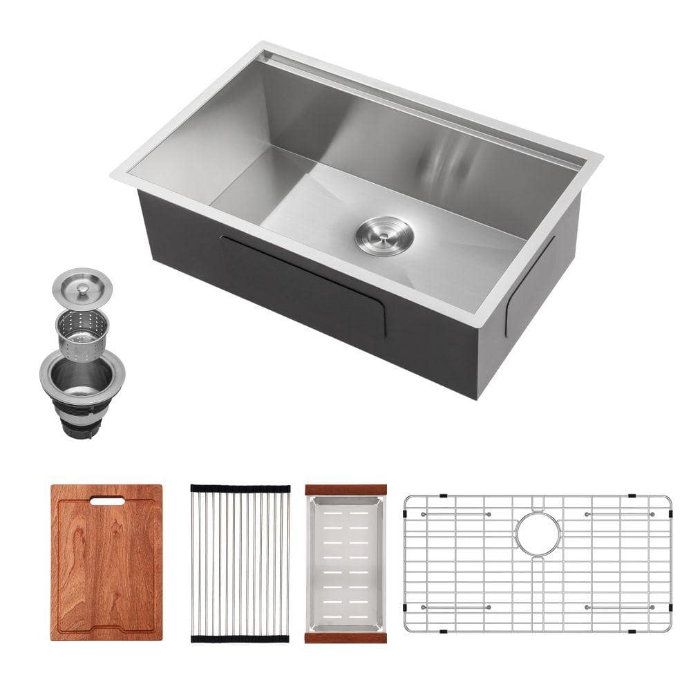 Brushed Nickel 16 Gauge Stainless Steel 33 in. Single Bowl Undermount Works