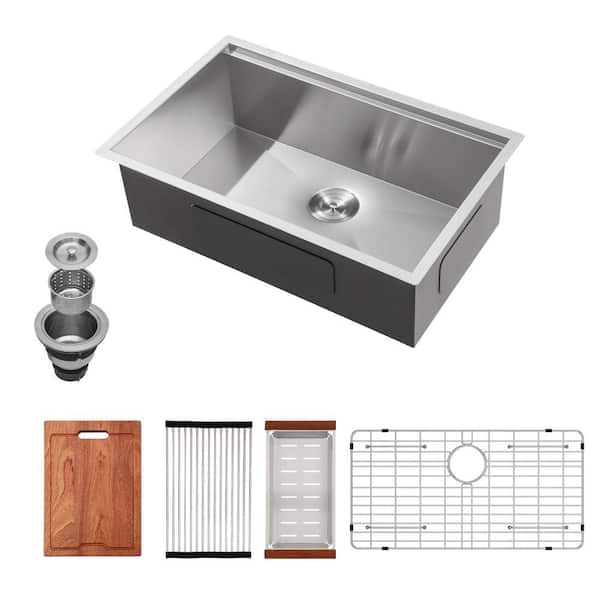 Brushed Nickel 16 Gauge Stainless Steel 33 in. Single Bowl Undermount Workstation Kitchen Sink with Bottom Grid