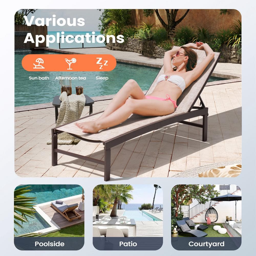 Beige Aluminum Outdoor Adjustable Chaise Lounge Set with Side Table