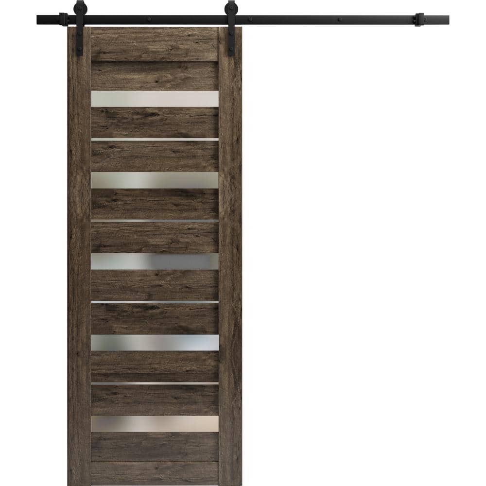 Assembly Required 30 in. x 80 in. 1-Panel Frosted Glass Cognac Oak Wood Sliding Barn Door with Hardware Kit price history on PriceWatchPro