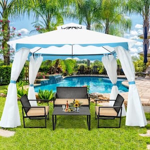 2-Tier 10 ft. x 10 ft. White Patio Steel Gazebo Outdoor Canopy Tent Shelter Awning with Side Walls for Patio Yard Garden