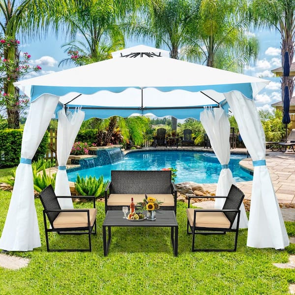2-Tier 10 ft. x 10 ft. White Patio Steel Gazebo Outdoor Canopy Tent Shelter Awning with Side Walls for Patio Yard Garden