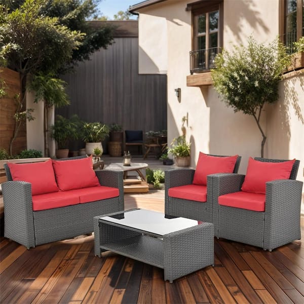 Unbranded 4 Pieces Patio Conversation Set, Outdoor Wicker Sectional Sofa Set with Light Red Cushion