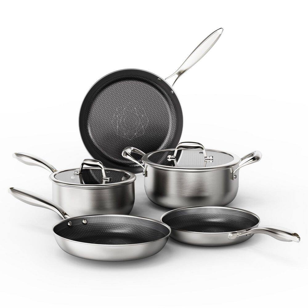 7-Piece Silver Nonstick Stainless Steel Cookware Set with Glass Lid, Hybrid Ceramic Cookware, Etching Technology