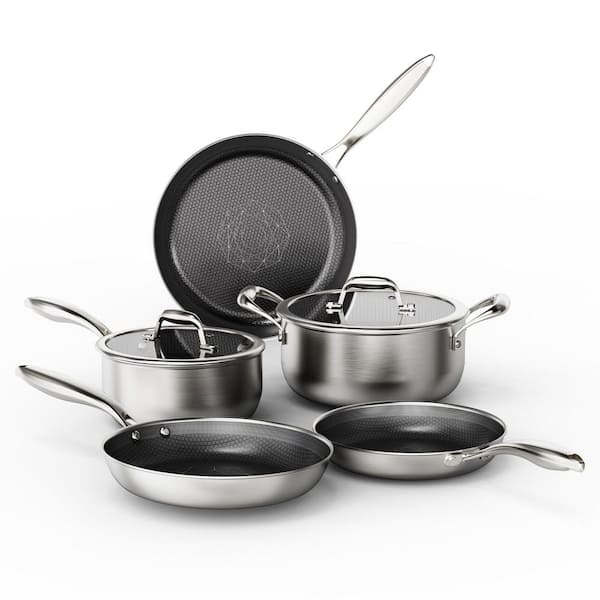 7-Piece Silver Nonstick Stainless Steel Cookware Set with Glass Lid, Hybrid Ceramic Cookware, Etching Technology