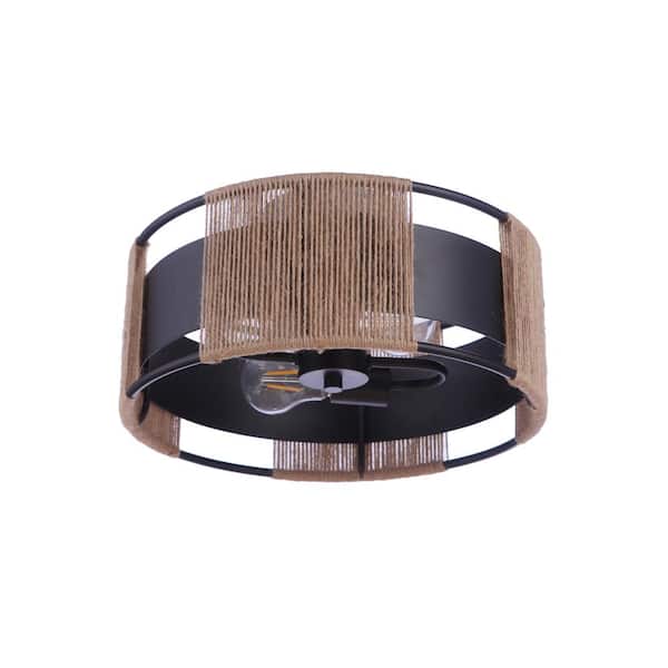 CRAFTMADE Kensey 14.13in. 2-Light Flat Black Finish Transitional Semi Flush Mount Ceiling Light w/ Flat Black w/ Natural Hemp Rope