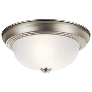 Independence 11.25 in. 2-Light Brushed Nickel Traditional Hallway Flush Mount Ceiling Light with Etched Seedy Glass
