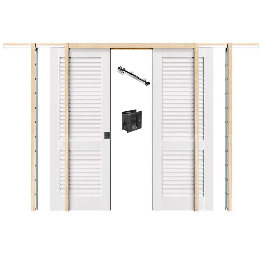TENONER 60 in. x 80 in. Primed Wood Louvered Double Sliding Pocket