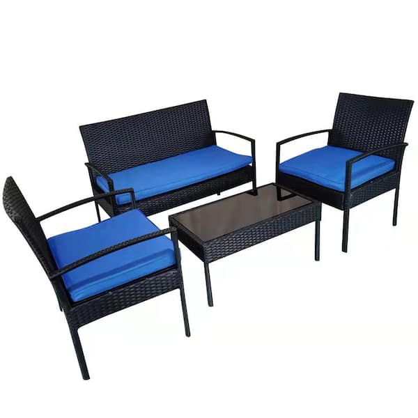 Unbranded 4-Piece Wicker Patio Conversation Set with Dark Blue Cushions