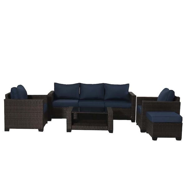 Zeus & Ruta 7-Piece Wicker Outdoor Sectional Sofa, Brown Patio Conversation Set with Coffee Table and Dark Blue Cushions