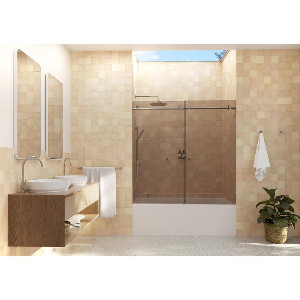 Equinox 60" Frameless Bronze Tinted Sliding Bathtub Door with Nickel Finish