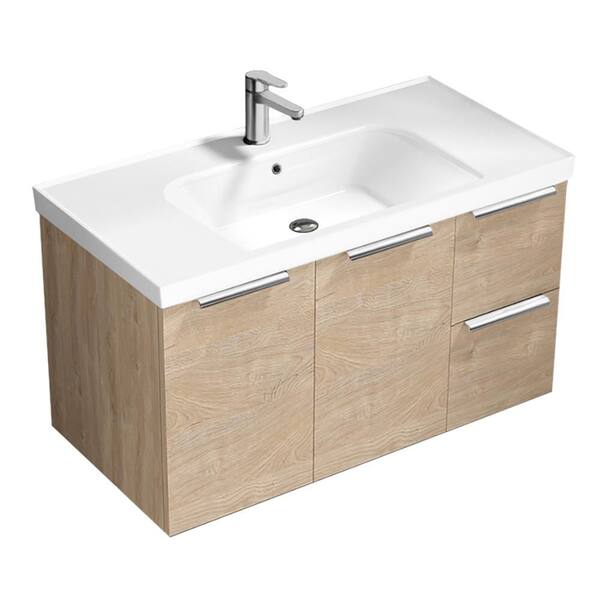 Frame 35.4 in. Modern Freestanding Bath Vanity in Brown Oak with White Ceramic Top