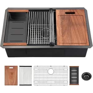 32 in. Undermount Single Bowl Black Stainless Steel Kitchen Sink with Accessories