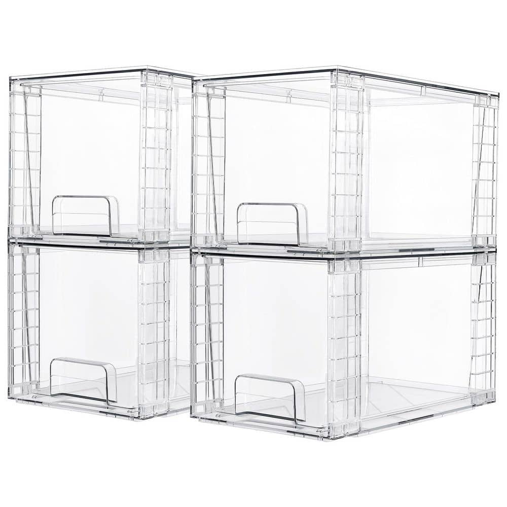 4 Pack Large Stackable Storage Drawers, Plastic Bins for Kitchen Cabinets, Pantry, Makeup, Medicine Organization, Clear