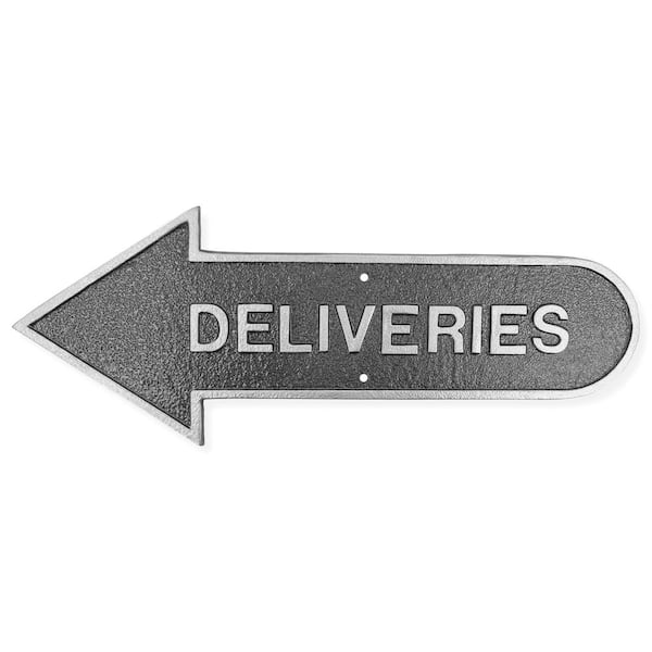 Montague Metal Products 6 in. x 15.5 in. Left Arrow Deliveries Statement Plaque Sign-Swedish Iron