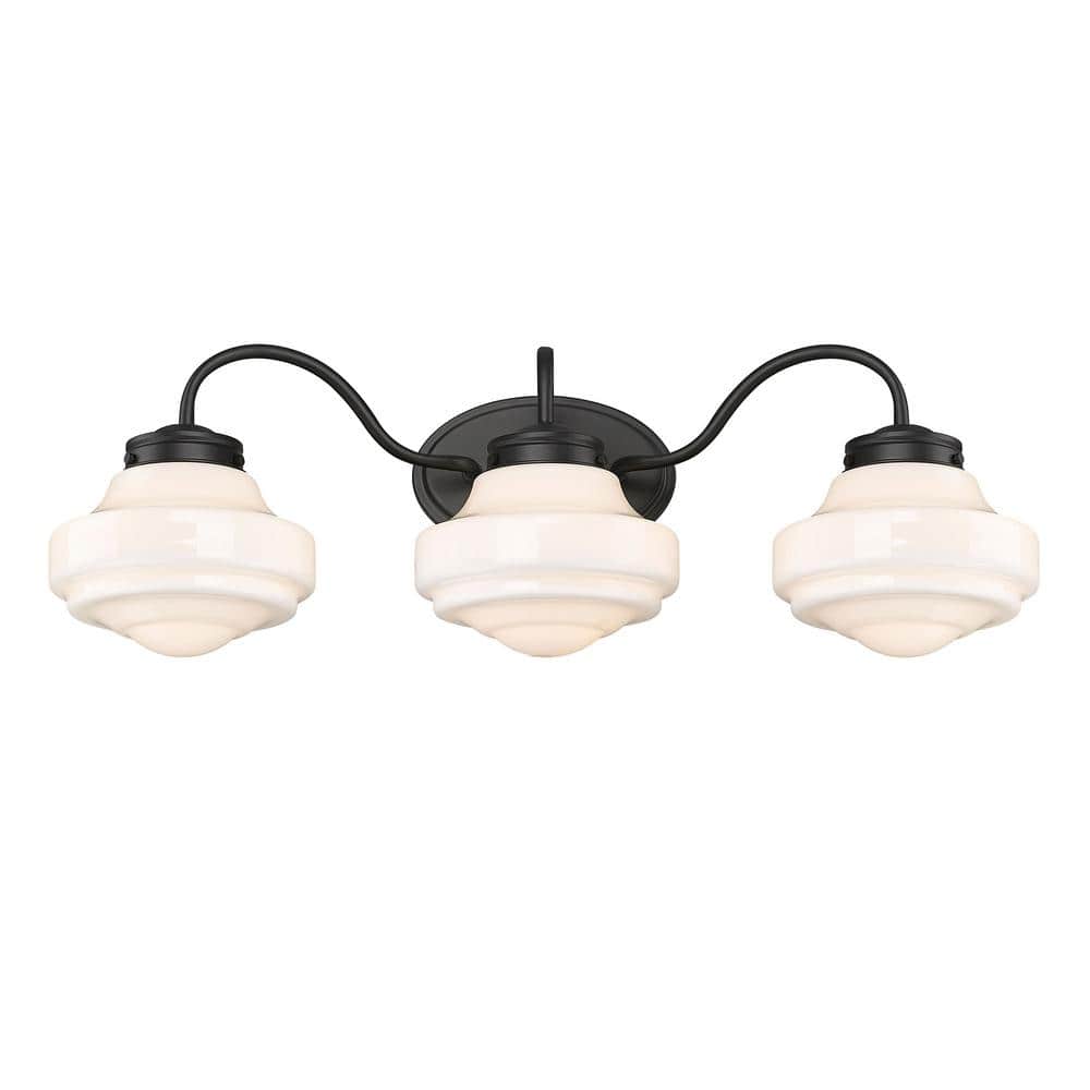 Matte Black and White Glass 3-Light Bath Vanity Fixture