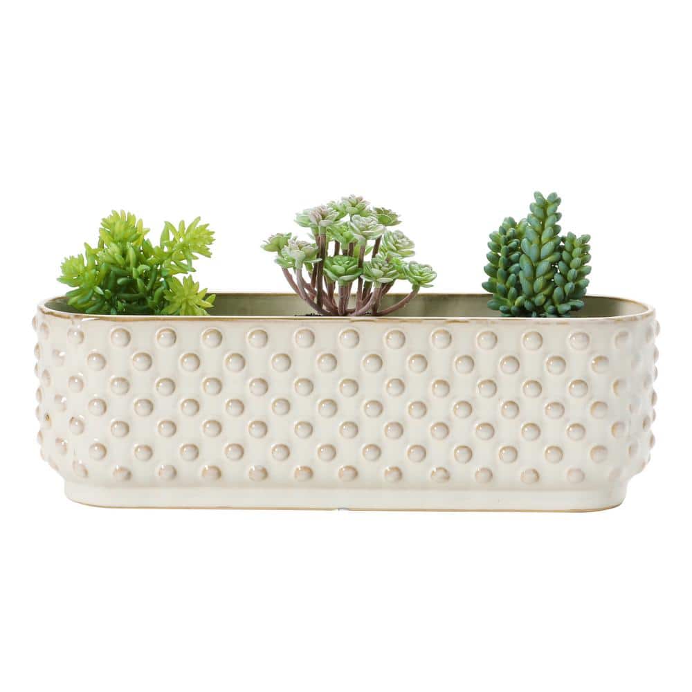 White Stoneware Hobnail Window Planter with Reactive Glaze Finish