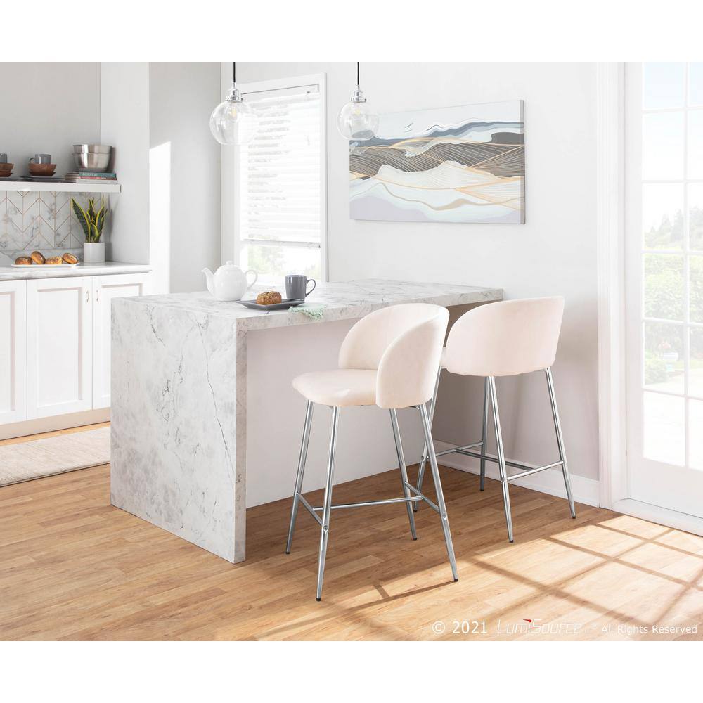 Fran Chrome and Cream Velvet Contemporary Counter Stool, Set of 2