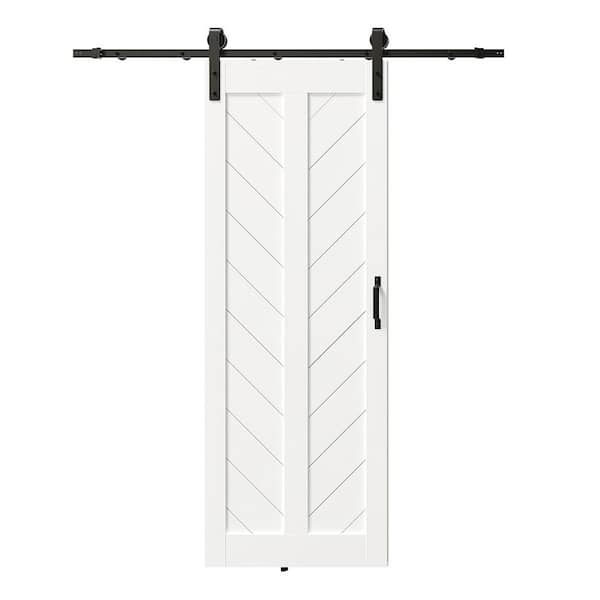 TENONER 30 in. W. x 84 in. V-Shape White Finished MDF Sliding Barn Door with Hardware Kit