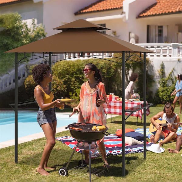8 ft. x 5 ft. Brown Grill Gazebo with 2 Shelves 7 Hooks Metal Frame Soft Top