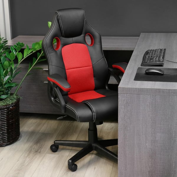 Elama High Back Adjustable Faux Leather Office Chair in Black and Red