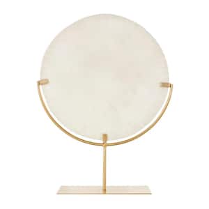 19 in. Cream Polystone Textured Circle Disk Geometric Sculpture with Gold Stand