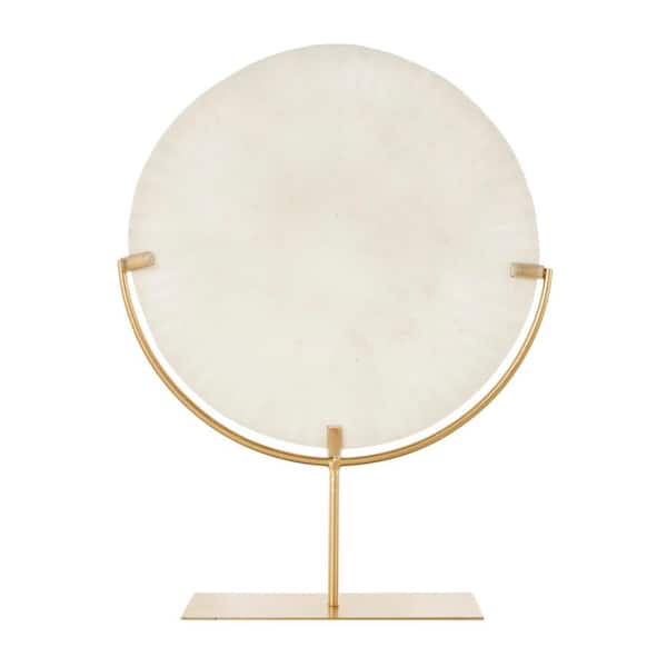 Litton Lane 19 in. Cream Polystone Textured Circle Disk Geometric Sculpture with Gold Stand