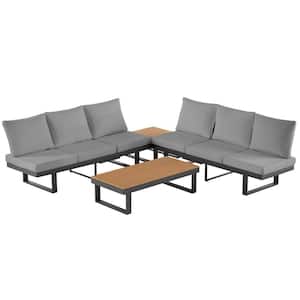 4-Piece Metal Outdoor Conversation Set with Gray Cushion and Coffee Table Patio Sofa Set with Adjustable Reclining Seats