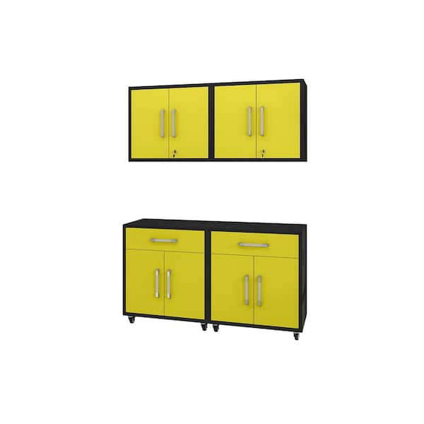 Manhattan Comfort Eiffel 56.7 in. W x 60.00 in. H x 17.72 in. D Composite Wood 4-Piece Garage Storage System in Matte Black and Yellow