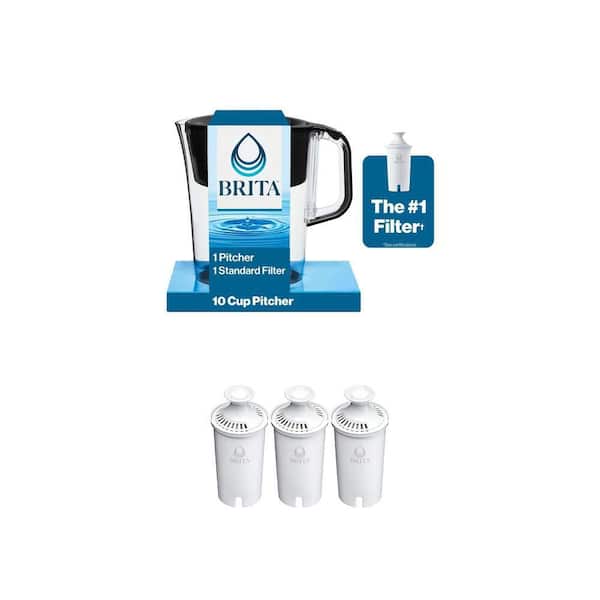Tahoe 10-Cup Water Filter Pitcher in Black with 1-Standard Filter and Standard Replacement Filters (3-Pack), BPA Free