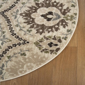 8' Round Ivory Gray And Olive Round Floral Stain Resistant Area Rug
