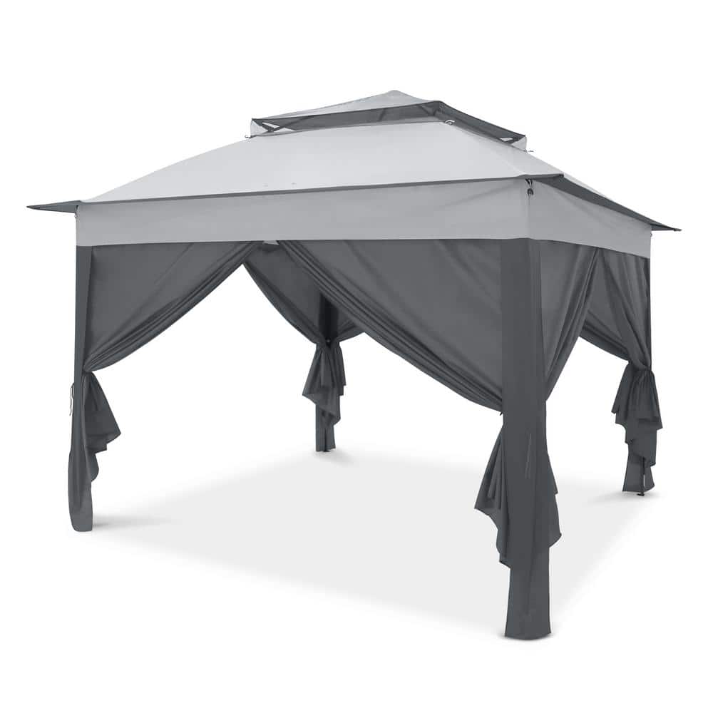 11 ft. Gray and Black Steel Patio Gazebo with Solid Walls