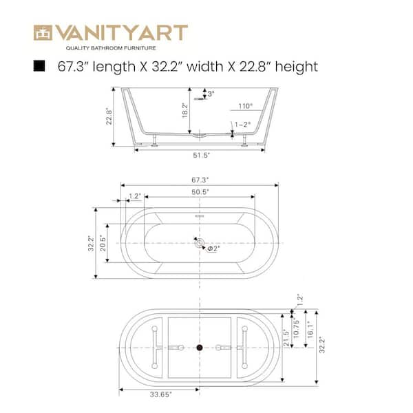 Vanity Art Domme 67 in. Acrylic Flatbottom Freestanding Non-Slip Bathtub in White/Oil Rubbed Bronze