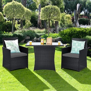 3PCS Wicker Patio Conversation Set Space-Saving Furniture Set with Tempered Glass Top Table and Gray Cushioned Chairs