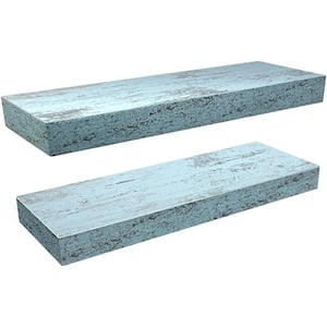 5.5 in. x 16 in. x 1.5 in. Rustic Blue Distressed Wood Decorative Wall Shelves with Brackets (2-Pack)