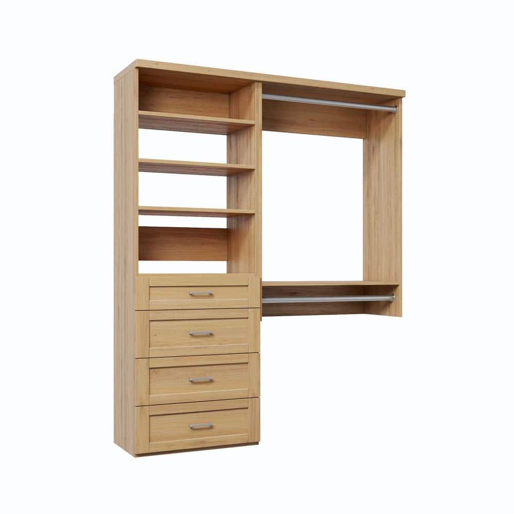 63 in. W Natural Oak Reach-in Wall-Mount 2-Rod 4-Shaker-Drawers 4-Shelf Wood Closet System