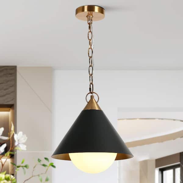 LNC Libbaconion 40-Watt 1- Light Matte Black and Plating Brass Pendant Light with White Jade Glass and No Bulb Included