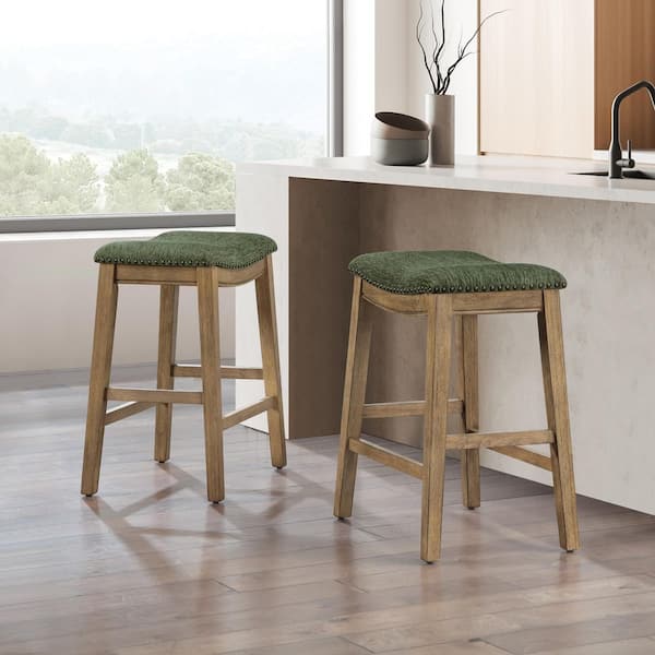 Saddle Stool 24 in. Pine Fabric with Medium Oak Wood Finish 2-Pack