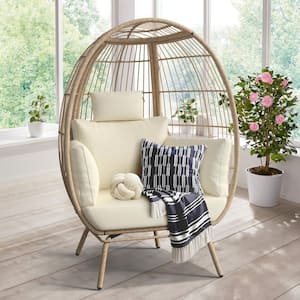 Patio Wicker Indoor/Outdoor Lounge Egg Chair with Beige Cushions