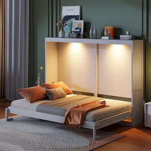 White Wood Frame Queen Size Murphy Bed, Folding Wall Bed with LED Lights