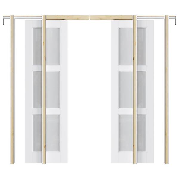 ARK DESIGN 48 in. x 80 in. 3Lite Frosted Glass White Primed MDF Pocket