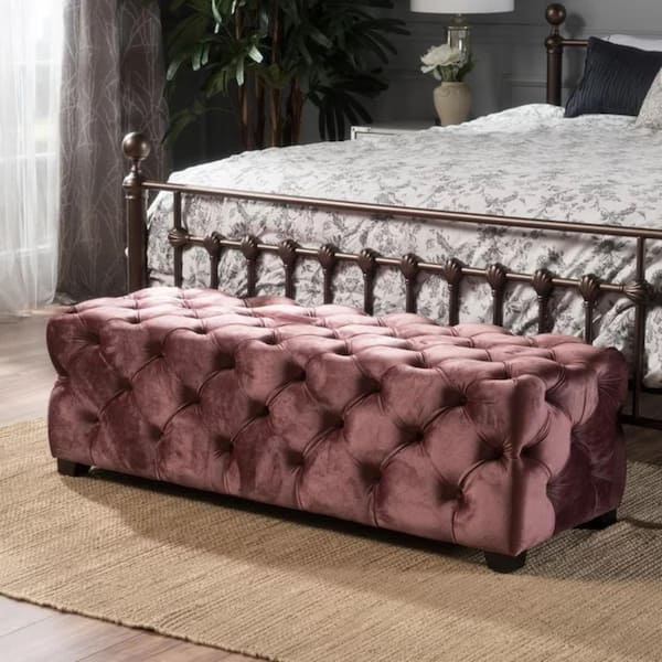 Blush 50.75 in. Velvet Button-Tufted Bedroom Bench with Solid Birch Legs