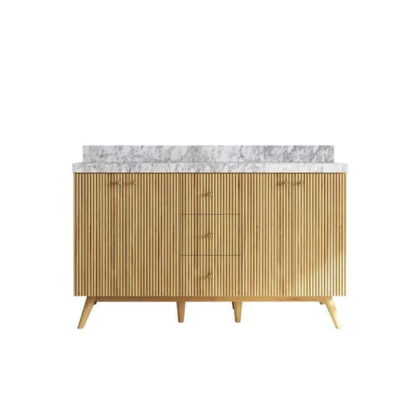 Willow Collections Pasadena Teak 60 in. W x 22 in. D x 36 in. H Double Sink Bath Vanity in Light Teak with 2 in. Carrara Marble Top
