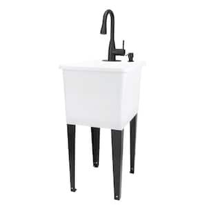 17.75 in. x 23.25 in. Thermoplastic Freestanding Space Saver Utility Sink in White - Black Faucet, Soap Dispenser