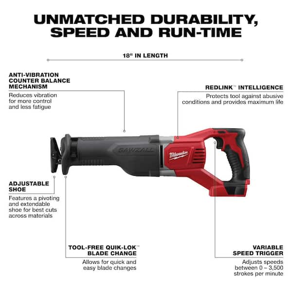 Milwaukee M18 18V Lithium-Ion Cordless SAWZALL Reciprocating Saw W